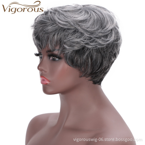 Vigorous Hot Bob Ombre Grey Short Pixie Cut Wig Synthetic Machine Made Wigs for African American Women Cosplay Daily Party  Use